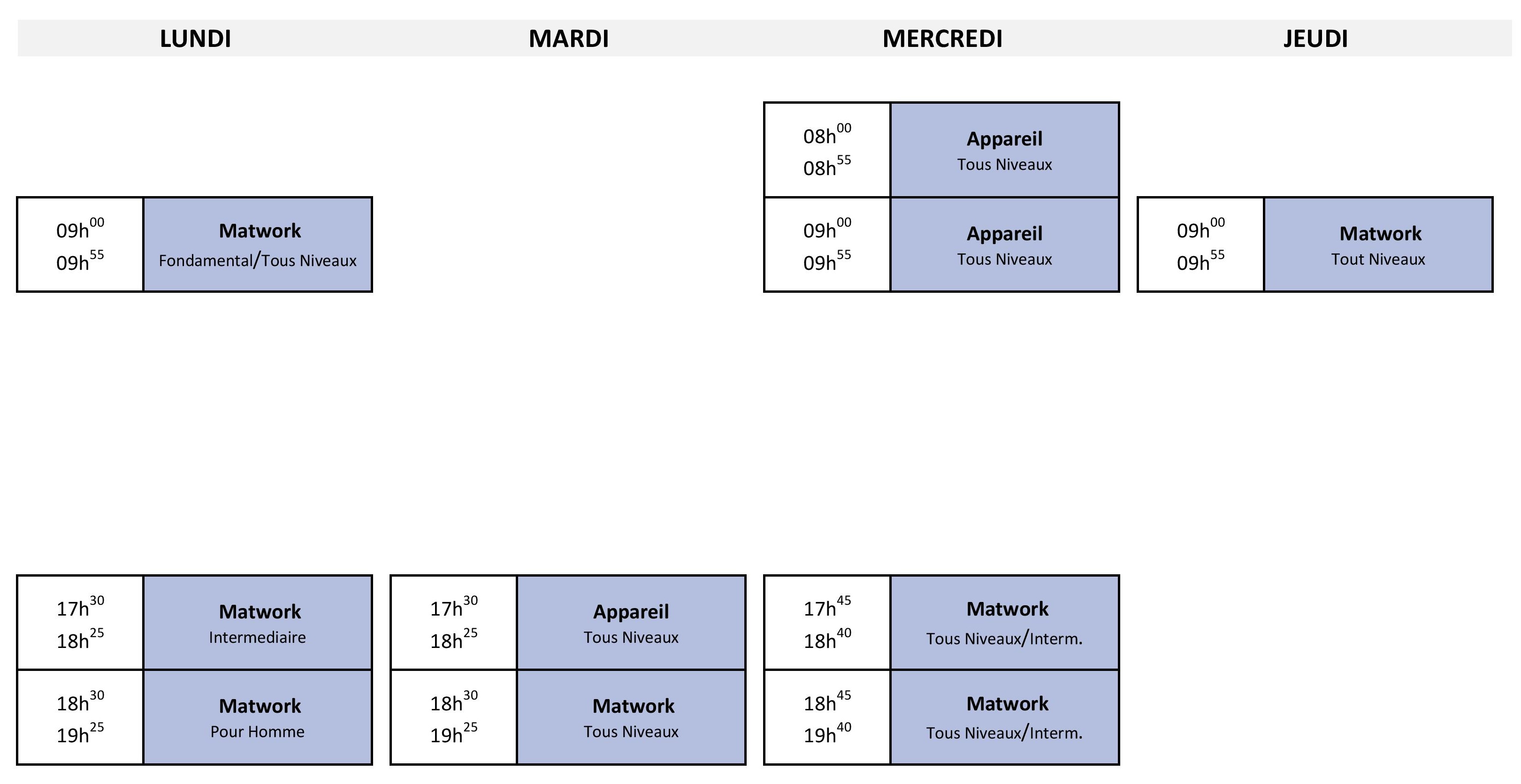 Horaire des cours collectifs septembre 2026 2027 site web